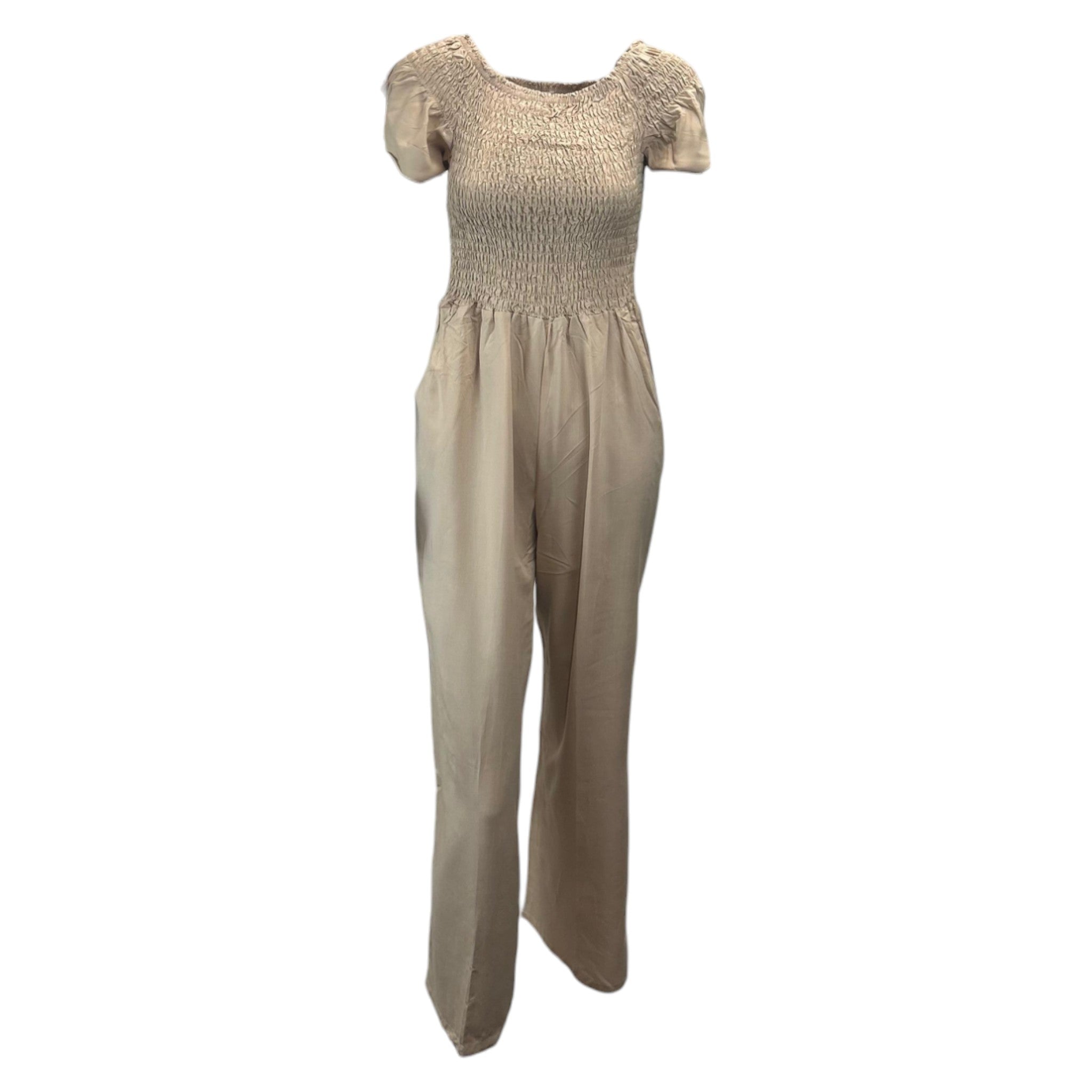 Beige women's shirred jumpsuit with puff sleeves and wide-leg cropped